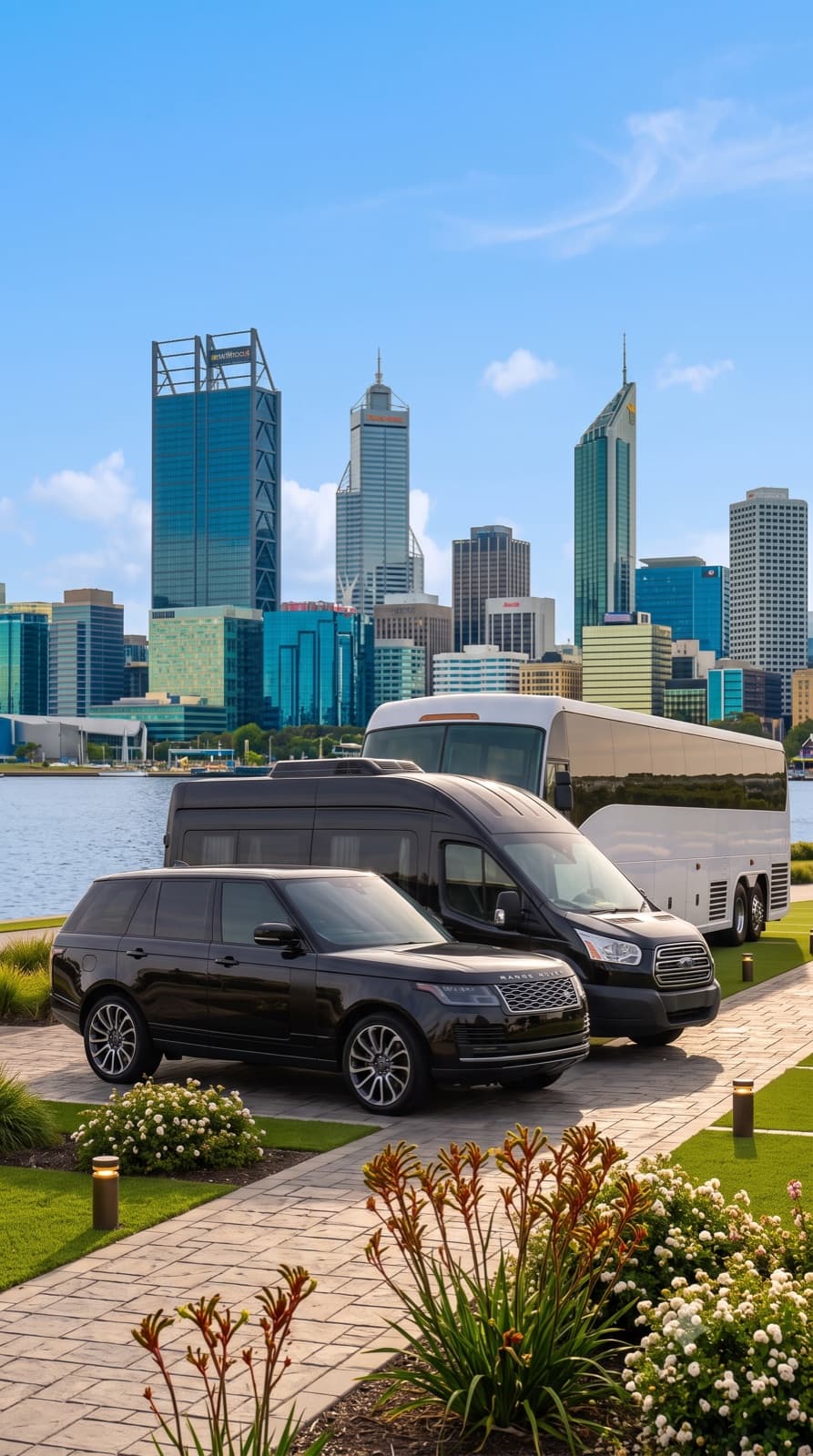 A SnapGo fleet — SUV, passenger van, and coach — with a city skyline behind