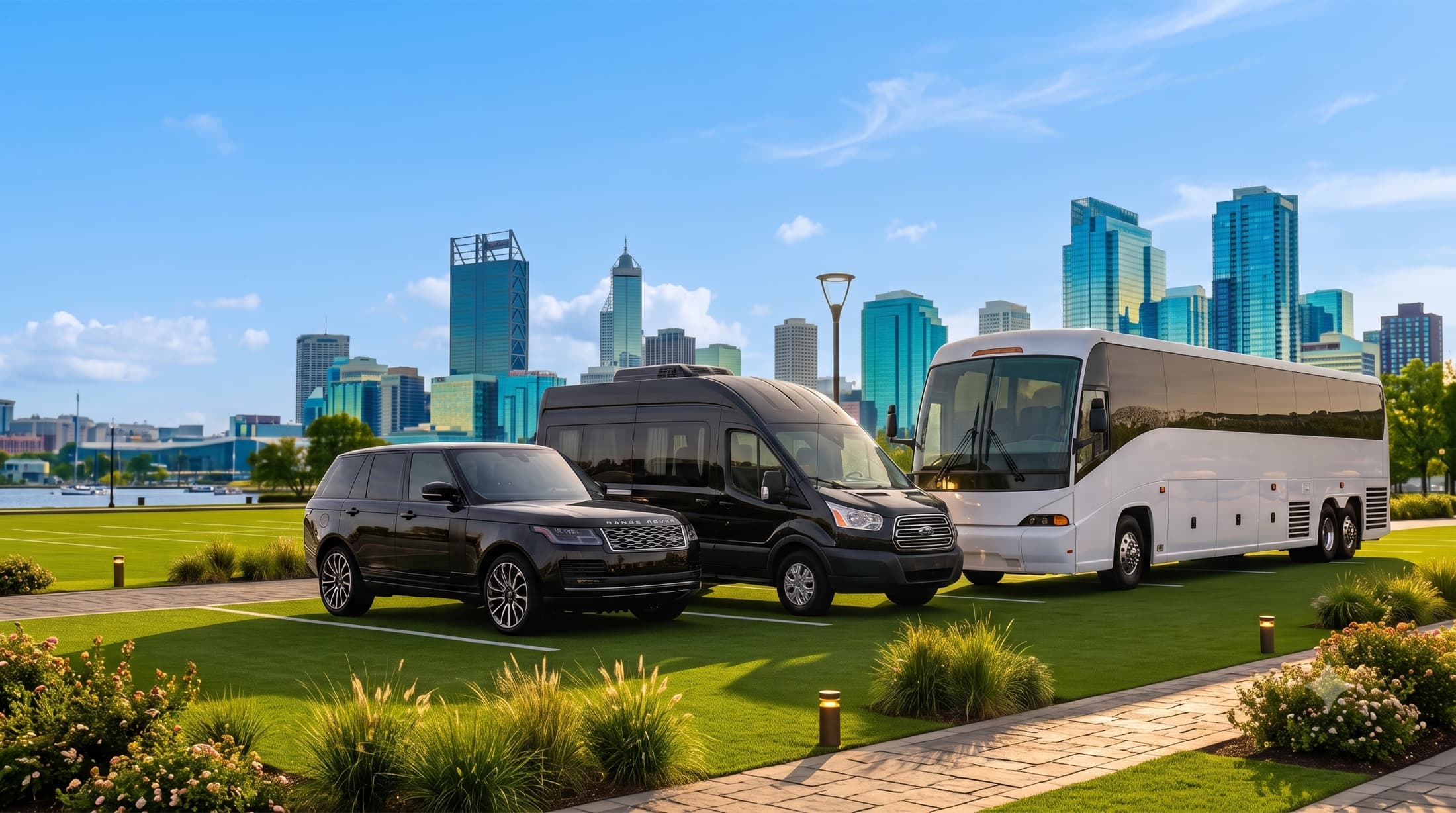 A SnapGo fleet — SUV, passenger van, and coach — with a city skyline behind